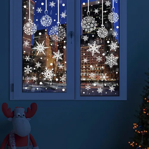 Vista 4 de AnyDesign 9 hojas de calcomanías de Navidad para ventana, diseño de copos de nieve, calcomanías de doble cara para decoración de vacaciones, hogar