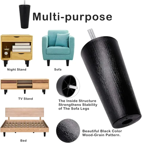 Vista 2 de Patas de plástico para sofá de 4.6 pulgadas, paquete de 4 patas cónicas para sofá/sofá/silla/silla con tornillos de rosca M8, patas de repuesto