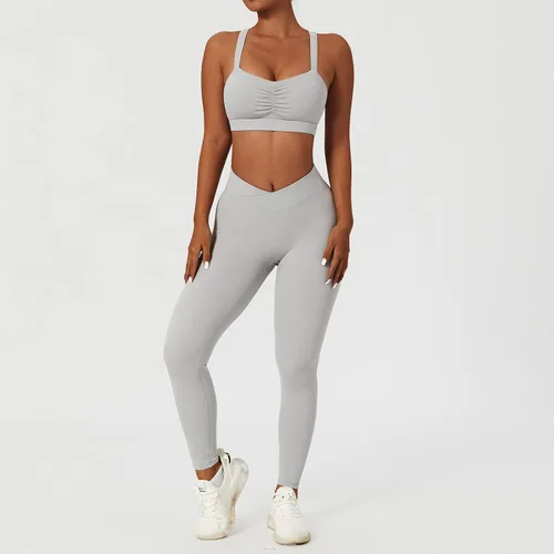 Vista 4 de ABOCIW Conjuntos de entrenamiento para mujer, 2 piezas, cintura cruzada, leggings de cintura alta, tirantes deportivos, para ejercicio, gimnasio