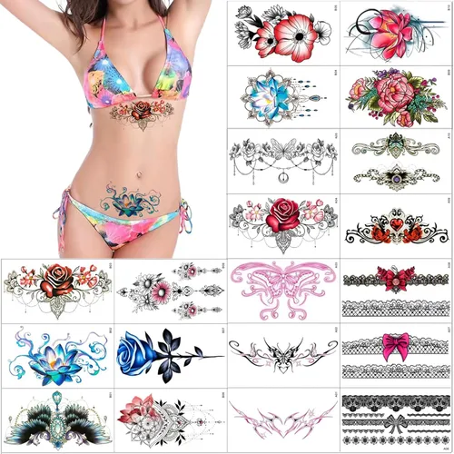 Vista 8 de Tatuajes temporales de flores sexys, mariposas, 20 hojas grandes, flores rojas, encaje, ombligo, busto, estómago, glúteos, piernas, brazos, parte