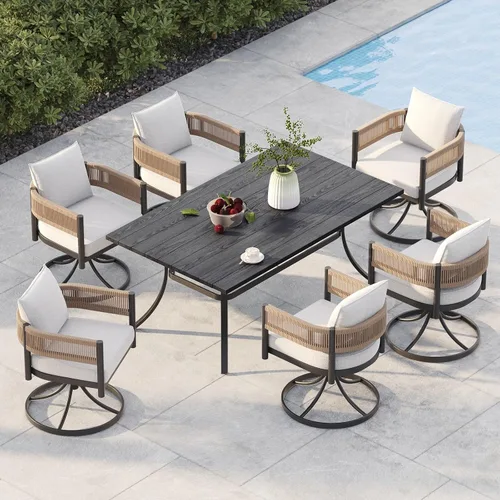 Vista 11 de Juego de comedor al aire libre Grand Patio de 5 piezas para 4, sillas de patio fijas de mimbre tejido metálico con cojines engrosados y 1 mesa