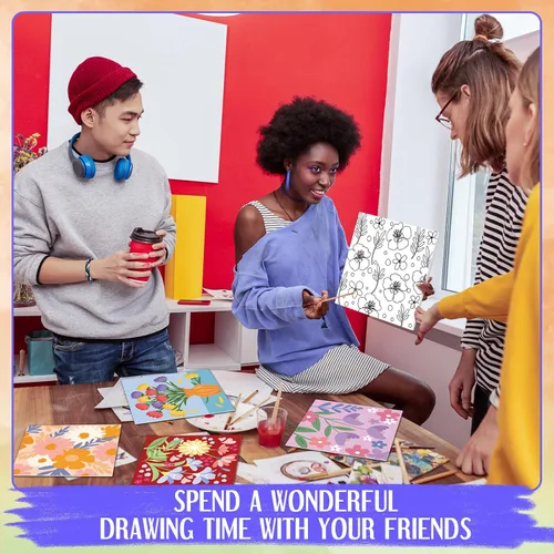 Vista 6 de Teling Kit de 12 lienzos estirados predibujados para adultos, pintura preimpresa, contorno de lienzo para bricolaje, recuerdos de fiesta, 6 x 6 x