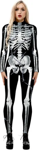 Vista 18 de Disfraz de esqueleto de calavera para Halloween para mujer, overol elástico y ajustado Skull Skeleton Costume Jumpsuits Stretch Skinny Catsuit