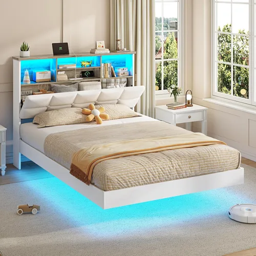 Vista 13 de VIAGDO Base de cama flotante tamaño Twin con cabecera y almacenamiento, base de cama tapizada de plataforma Twin con estación de carga USB y Tipo C