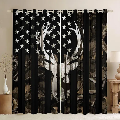 Vista 46 de Cortinas opacas de camuflaje con bandera estadounidense, regalo para niños, cortina de ventana de camuflaje verde con rayas negras, estrellas