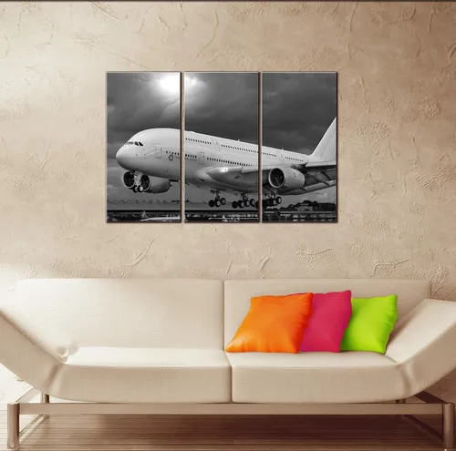 Vista 4 de Póster grande de 3 piezas para decoración de pared de avión Airbus A380, póster impreso en 3 paneles de lienzo, juego de decoración de pared