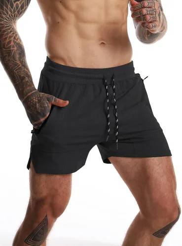 Vista 2 de GYMBULLFIGHT Pantalones cortos de entrenamiento para hombre, ligeros, para gimnasio, culturismo, con bolsillos con cremallera
