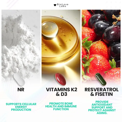 Vista 4 de NAD 3 en 1 Booster: ribósido de nicotinamida (NR), fisetina, resveratrol, K2 y D3 Apoya el envejecimiento saludable del cerebro, el cuerpo