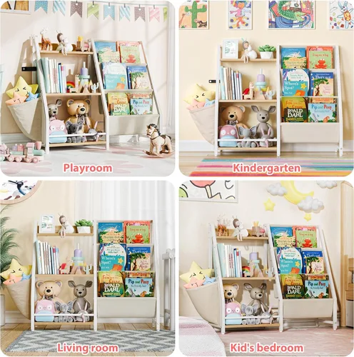 Vista 6 de LATIBELL Estantería infantil de 3 niveles y almacenamiento de juguetes, estantería Montessori para bebés, organizador de almacenamiento de juguetes