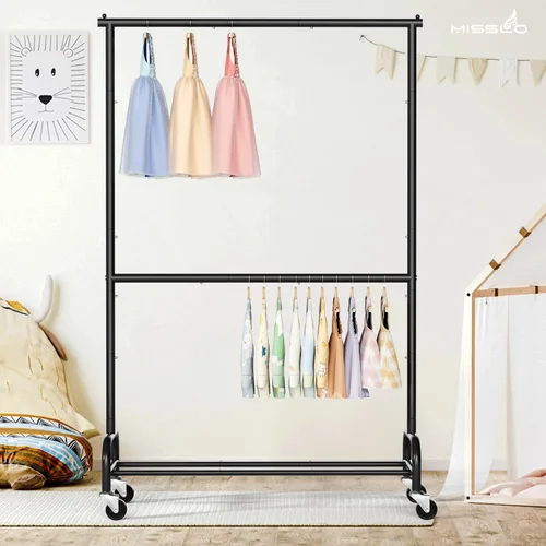 Vista 8 de MISSLO Perchero resistente para ropa con doble varilla para colgar, estante de ropa enrollable, armario de closet con ruedas, metal, ajustable, negro