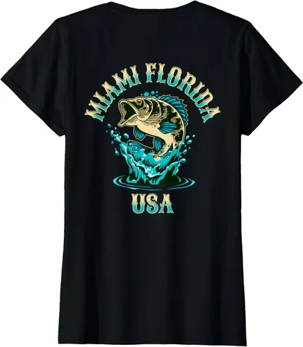 Vista 61 de Camiseta con diseño de pesca en la parte delantera y trasera de Miami Florida USA, Negro