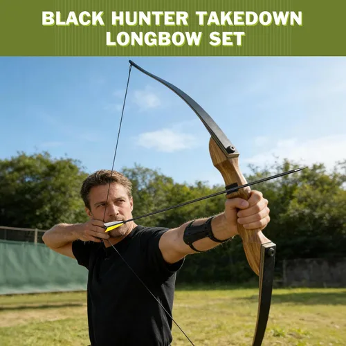 Vista 2 de Black Hunter - Juego de arco largo y flecha GLURAK de 62 pulgadas, paquete tradicional de arcos largos de madera, kit de arco de tiro con arco