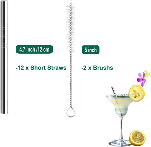 Vista 2 de Paquete de 12 popotes de metal extra cortos de 4.7 pulgadas, popotes reutilizables de acero inoxidable con cepillo de limpieza para tazas de café
