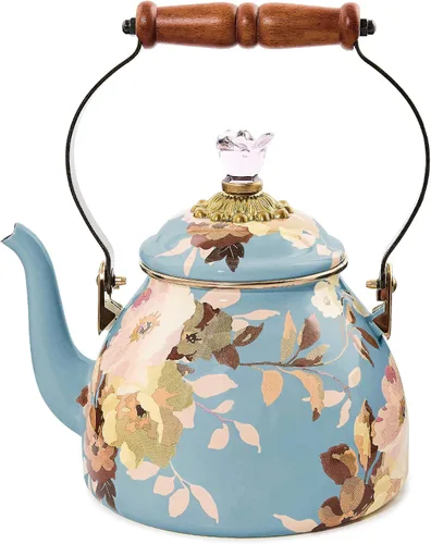 Vista 17 de MACKENZIE-CHILDS Tetera de Esmalte, Tetera Bonita para Estufa, 2 Cuartos, Rosa Silvestre Marrón Diseño aplicado a mano, hecho de acero esmaltado