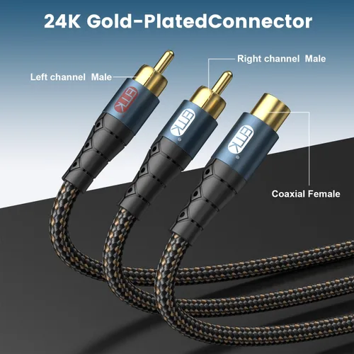 Vista 2 de EMK Cable de extensión RCA Splitter 2 macho a hembra, doble blindaje chapado en oro, de nailon trenzado, divisor RCA de 1 hembra a 2 macho