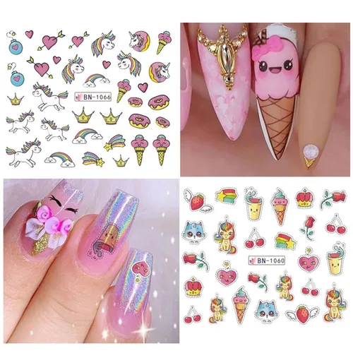 Vista 5 de Calcomanías de uñas de unicornio, calcomanías de transferencia de agua, calcomanías de uñas de corazón, unicornio, arcoíris, dona, diseño de uñas
