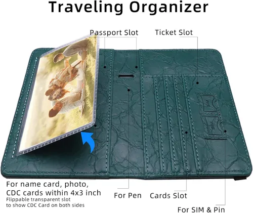 Vista 3 de WALNEW Soporte para pasaporte para viajes, funda de pasaporte RFID para mujeres y hombres, funda de piel sintética para pasaporte con soporte