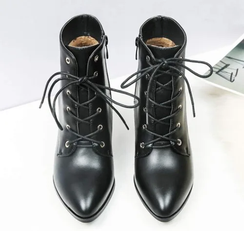 Vista 5 de Botines de tacón de aguja para mujer, con puntera puntiaguda, con cordones, con cremallera, botas cortas