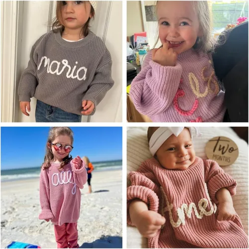 Vista 6 de Suéter de bebé personalizado con nombre tejido a mano y monograma, suéter recién nacido para niños pequeños, niñas, niños, baby shower, futura mamá