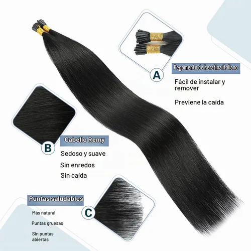 Vista 3 de Sunya - Extensiones de cabello humano con punta en I de 14 pulgadas, color negro azabache, extensiones de cabello humano con punta en I, extensiones
