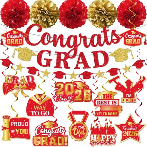 Vista 8 de Decoraciones de graduación 2026, pancarta de felicitaciones con purpurina, espirales colgantes y pompones de tela, decoraciones de graduación negras