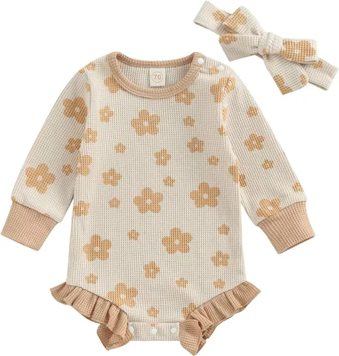 Vista 8 de Ropa de bebé recién nacida, sudadera floral de manga larga, mameluco con volantes, diadema de gofre, traje de otoño de una pieza