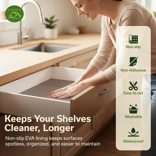 Vista 3 de EVALAND Revestimientos de estantes para gabinetes de cocina sin adhesivo de 12" x 33 pies, color beige, forro para cajones antideslizante, lavable