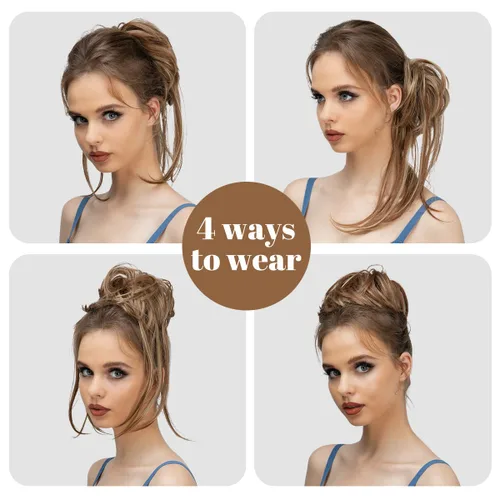 Vista 4 de Extensiones de cabello rizado con cola de caballo, cabello sintético con coleta recta, coleteros para mujer, rubio ceniza/rubio playa