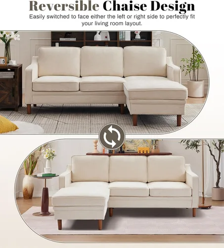 Vista 3 de Kingfun Sofá en Forma de L de 88", Sofá Seccional de Chenilla, Sofás Modernos de Mediados de Siglo con Marco de Madera Maciza para Sala de Estar