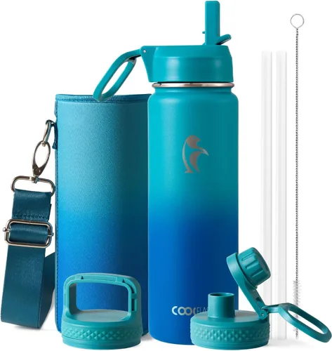 Vista 14 de Coolflask Botella de agua de 20 onzas aislada con pajilla, 3 tapas de metal de acero inoxidable, botella de agua de boca ancha para deportes u