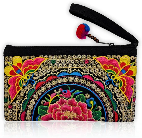 Vista 7 de Sabai Jai - Bolso de pulsera para teléfono inteligente - Carteras de embrague bordadas a mano Boho Rosa Amaranto