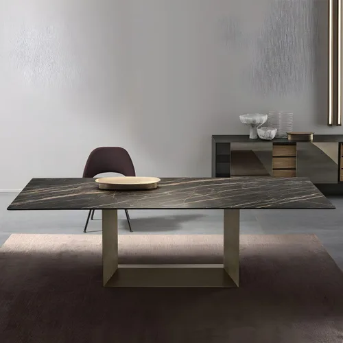 Vista 4 de LAKIQ Mesa de comedor rectangular de piedra sinterizada moderna con parte superior de piedra con doble pedestal de metal para comedor