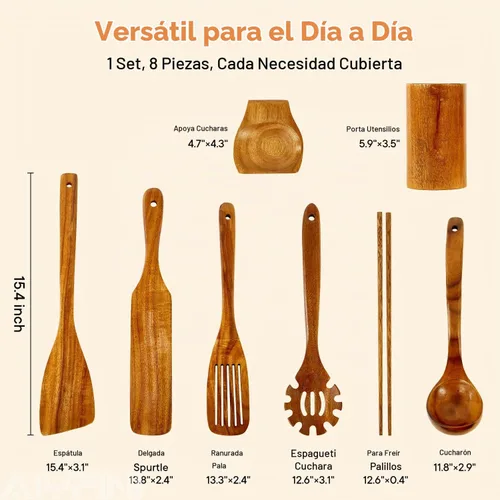 Vista 2 de Utensilios de madera no tóxicos para cocinar - Acacia natural y sin pegamento, juego de espátulas grandes de 15.4" con mango largo resistente al
