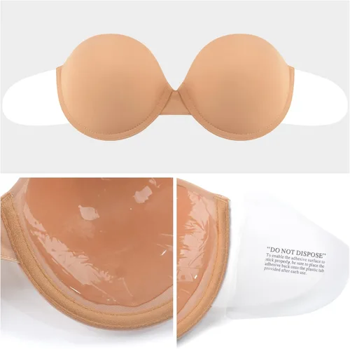 Vista 4 de Autbre Sujetador sin tirantes para mujer, sin espalda, con relleno, invisible, reutilizable, con relleno