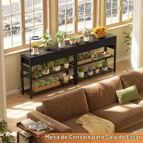 Vista 8 de Ecoprsio Mesa de Entrada con Tomacorrientes y Puertos USB, Mesa Consola con 2 Cajones, Mesa de Sofá Pequeña con Estantes de Almacenamiento para Sala