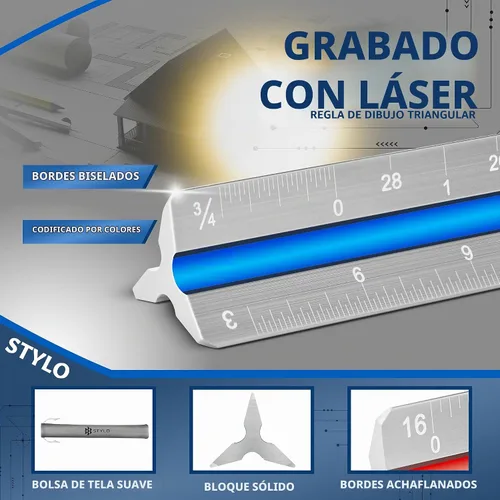 Vista 3 de Stylo Regla de escala de arquitecto de aluminio de 12" con grabado láser, regla triangular de dibujo, ranuras codificadas por color para planos Gris