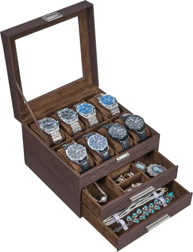 Vista 9 de Caja de reloj, regalos de Navidad, caja de reloj de 8 ranuras con tapa de vidrio, almohadas de reloj extraíbles, organizador de caja de joyería de 3