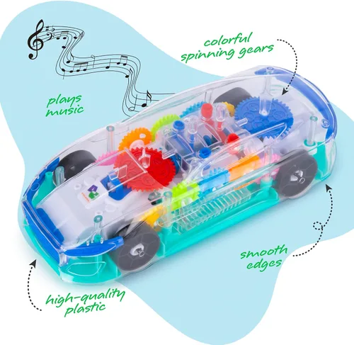 Vista 9 de ArtCreativity Juguete sensorial transparente con luz para niños, 1 unidad, auto de juguete con engranajes móviles coloridos, música y efectos LED