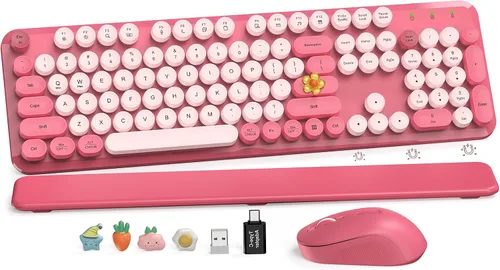 Vista 29 de Combo de teclado y mouse inalámbricos, teclado retro con teclas redondas, teclado estilo máquina de escribir de tamaño completo con reposamuñecas