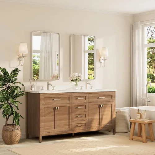 Vista 170 de TETOTE Espejo de marco dorado cepillado de 16 x 24 pulgadas, espejo de tocador de baño de latón dorado para pared, espejo enmarcado rectangular