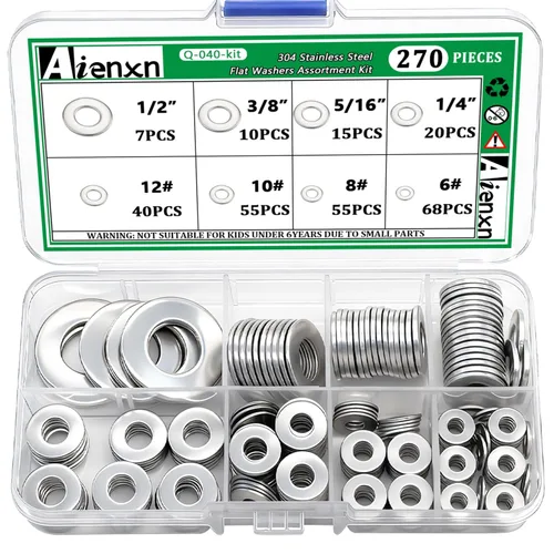 Vista 11 de Kit de surtido de 550 piezas de arandelas planas, 12 tamaños SAE - 1/2, 7/16, 3/8, 5/16, 1/4, 3/16, 12#, 10#, 8#, 6#, 4#, 2#, (18-8) arandelas de SS