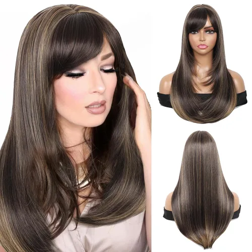 Vista 11 de Kalyss - Pelucas cortas de cabello negro con flequillo para mujer, peluca de cabello sintético completo, resistente al calor, peluca corta y recta