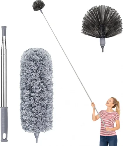 Vista 8 de Plumero de telaraña con poste de extensión de 100 pulgadas, plumeros para limpieza con 2 cabezales de plumero, plumero de microfibra lavable