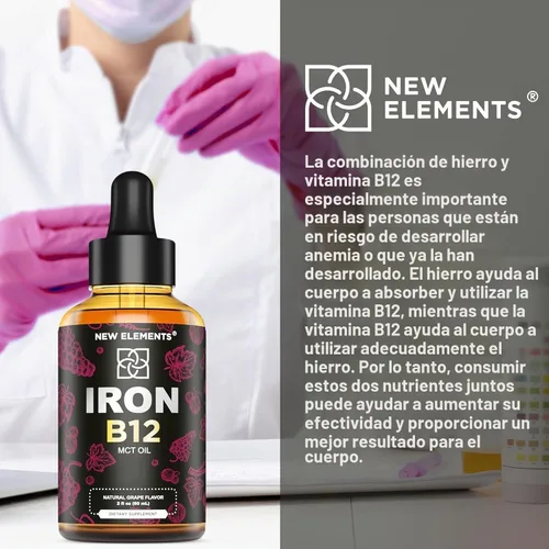 Vista 7 de New Elements Suplemento de hierro líquido para mujeres y hombres con vitamina B12 de 5000 mcg, constructor de sangre libre para la anemia, gotas