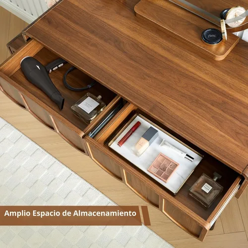Vista 7 de ORRD Escritorio de tocador con espejo y luces, moderno panel de madera ondulada, juego de escritorio de maquillaje con cajones y gabinete, tocador