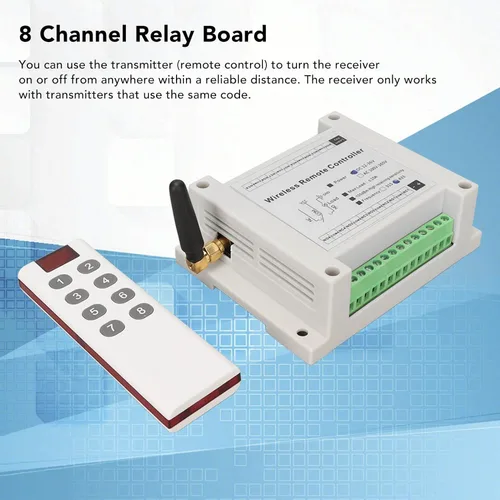Vista 2 de Tablero de relé de canal, relé de 8 canales, 8CH 10A DC 12V-36V Control de lámpara Módulo de relé de interruptor de radio con control remoto