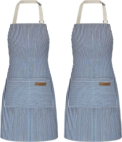 Vista 14 de ATROPOS Paquete de 2 delantales para mujeres con bolsillos, delantales de cocina para mujeres y hombres, delantales de chef ajustables para cocina