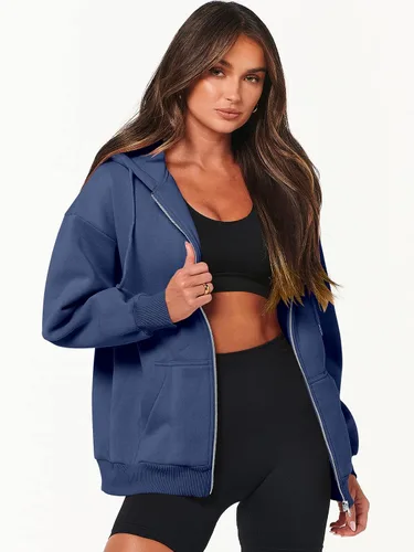 Vista 4 de ANRABESS Sudaderas con capucha y cremallera para mujer, de manga larga, sudaderas de gran tamaño, forro polar Y2K, con bolsillos, ropa de otoño