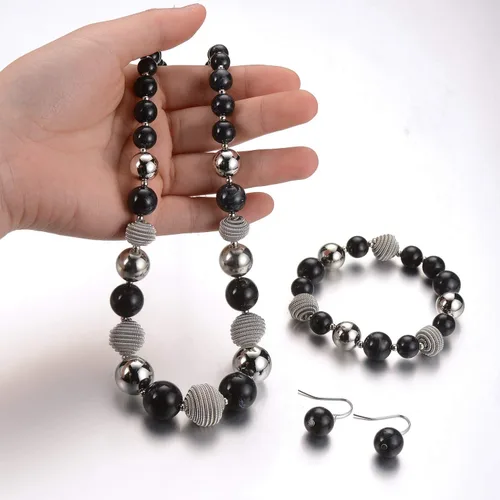 Vista 2 de PEARL&CLUB Juego de collar y aretes gruesos con cuentas de metal plateado, joyería de moda para el día de la madre para mujer, Resina Metal