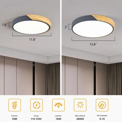 Vista 3 de Lámpara de techo LED moderna, lámpara de techo minimalista de madera empotrada, 4000 K no regulable, lámpara de iluminación circular con pantalla